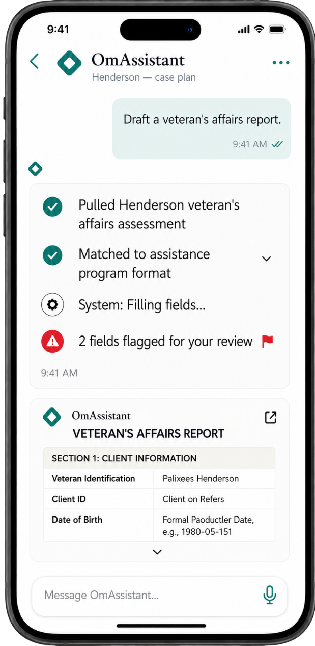 OmAssistant drafting the report and funder forms on iPhone