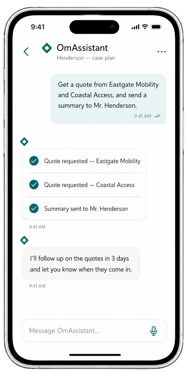 OmAssistant tracking case follow-ups on iPhone